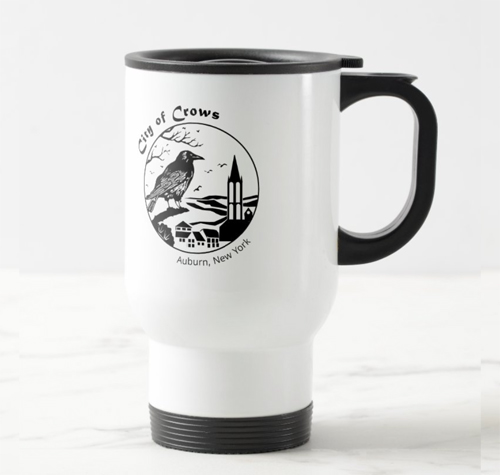 White Travel Mug with City of Crows Graphic