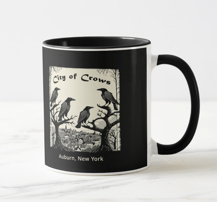 Black and white mug with City of Crows Graphic